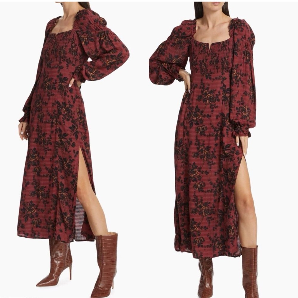 Free People Jaymes Floral Smocked Midi Dress Small Boho Cottagecore Prairie Long